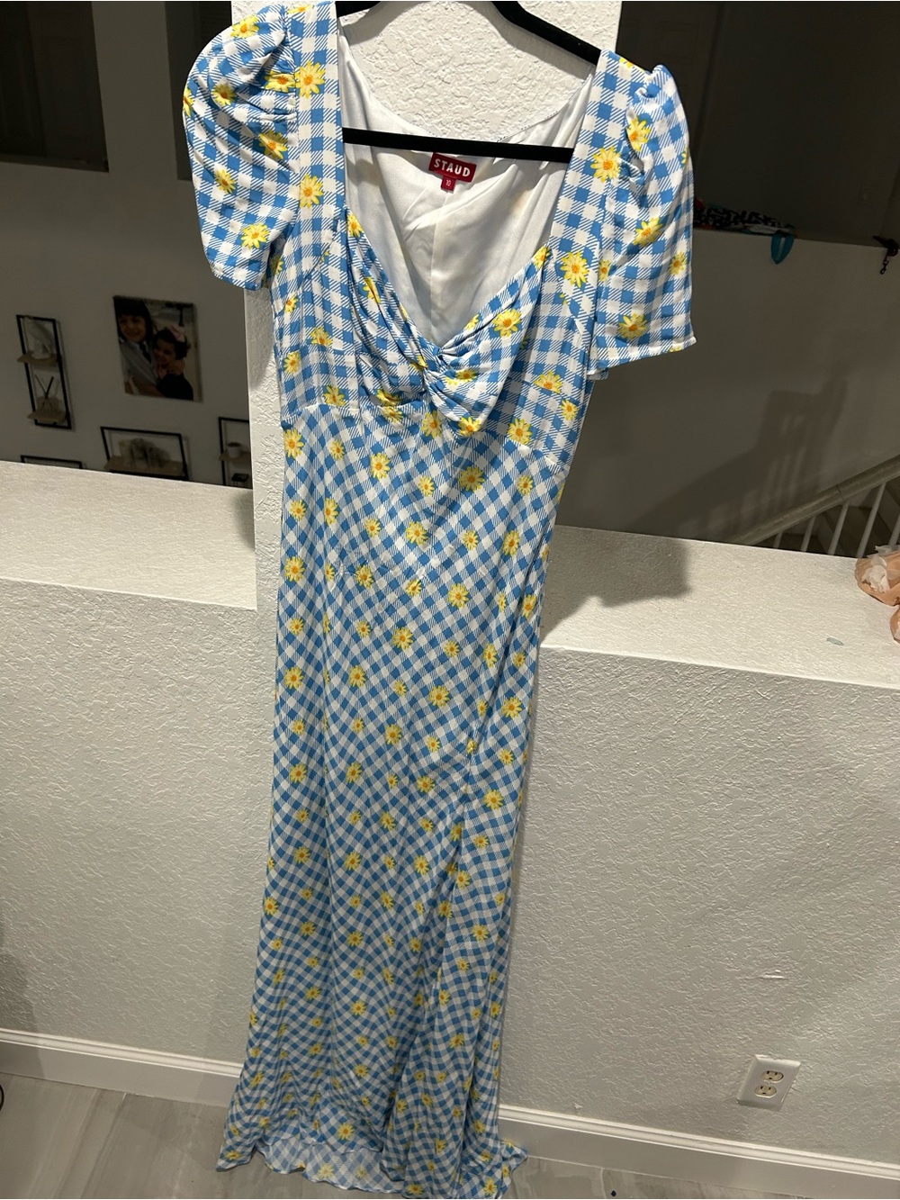 STAUD Blue and Yellow Gingham Daisy Twist-Front Maxi Dress